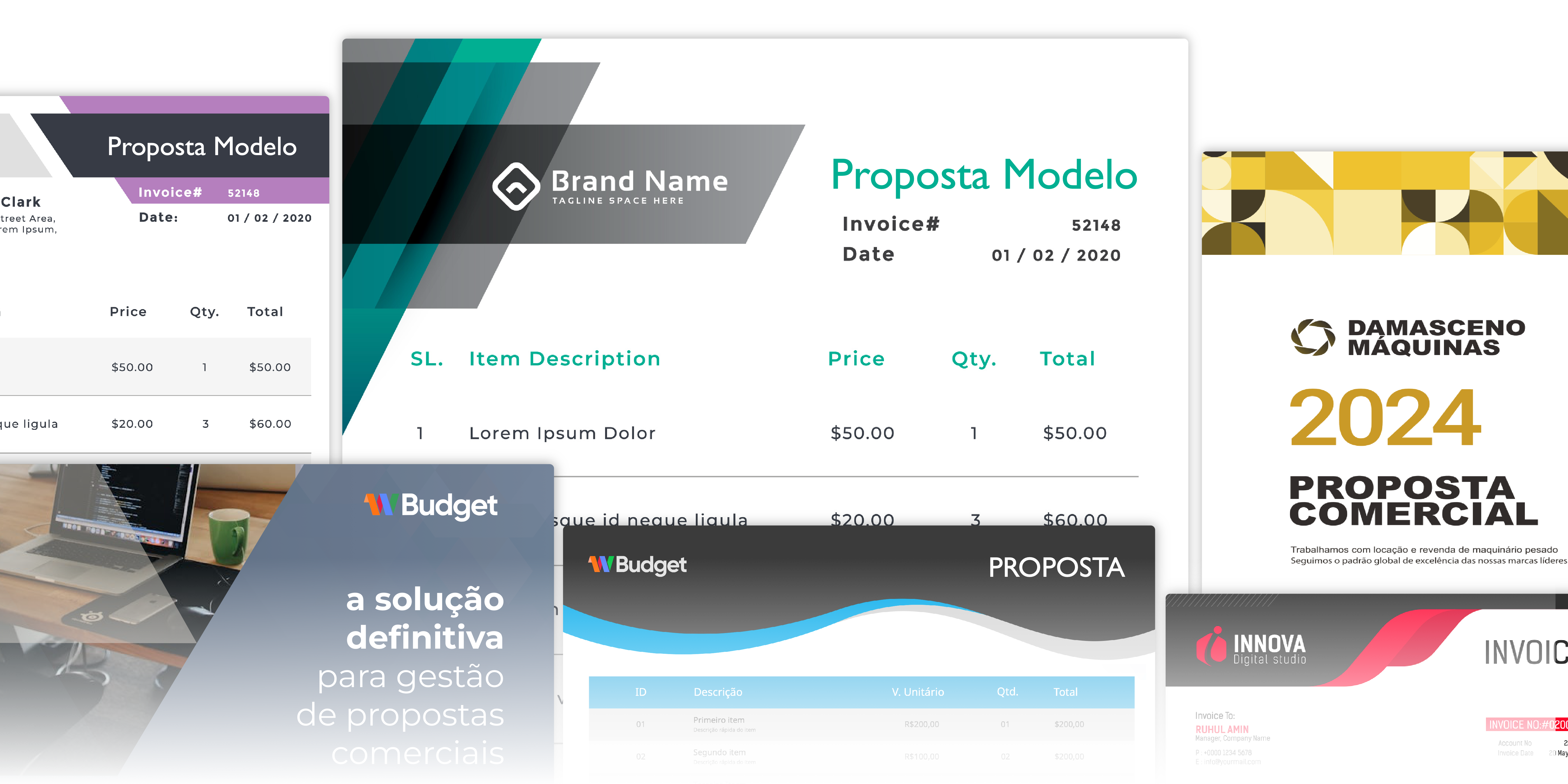Mosaico de Modelos de Propostas Profissionais do WBudget